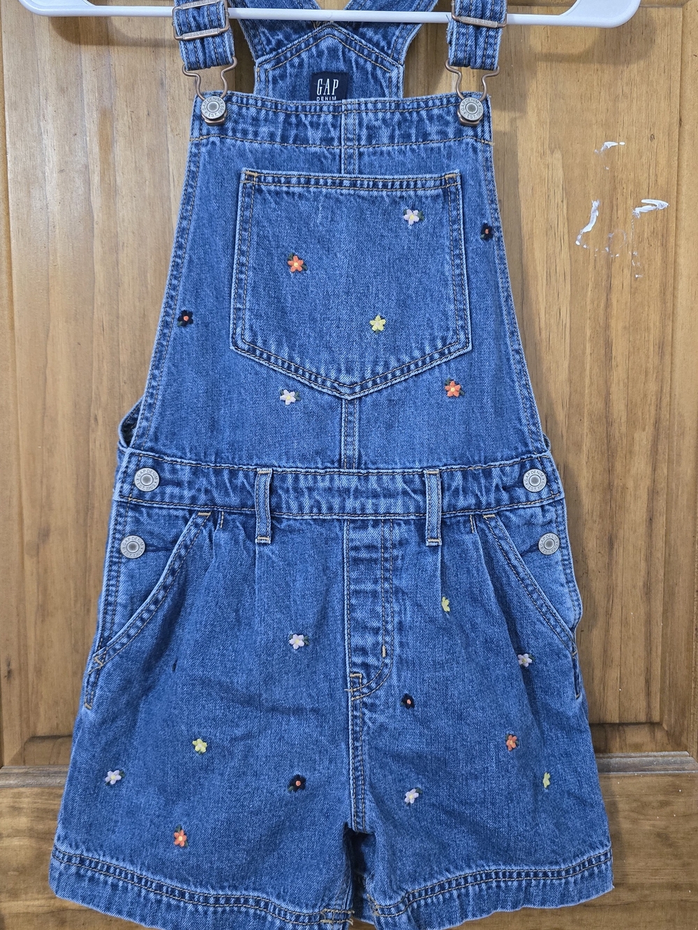 GAP Embroidered Denim Short Overalls - Blue with Multicolor Flowers